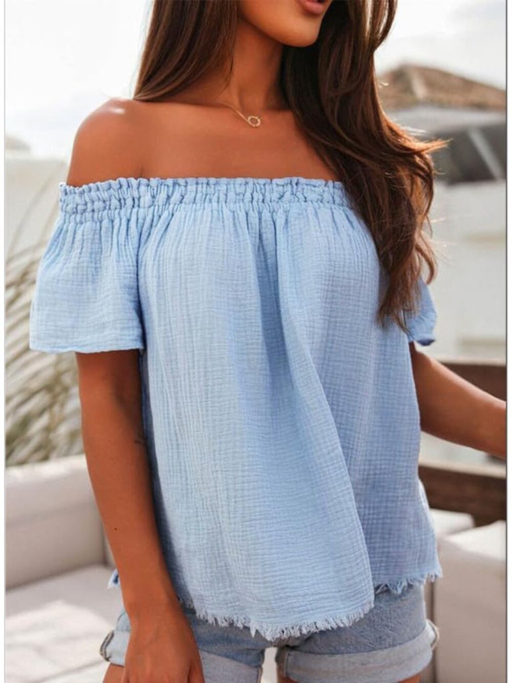 Dokotoo Womens L Blue Cotton Gauze Top Off Shoulder Boho Coastal Swing Blouse
